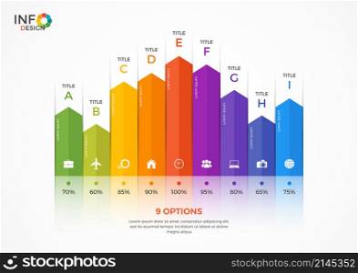 Column chart infographic template with 9 options. The elements of this template can be easily adjusted, transformed, added/completed, deleted and the colour can be changed.. Column chart infographic template with 9 options