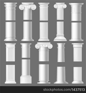 Column pillar realistic mockups of antique Roman and Greek architecture. 3d vector white marble stone Doric and Ionic columns with vertical fluted shafts, bases and ornate capitals with volutes. Column pillar realistic mockups, architecture