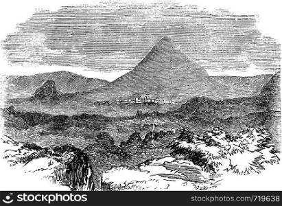 Comayagua, in Honduras, during the 1890s, vintage engraving. Old engraved illustration of Comayagua showing city and mountain.