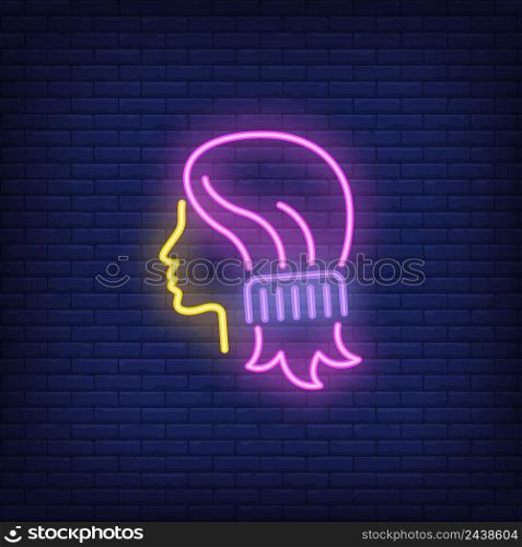 Comb combing woman hair neon sign. Hairdressing salon, style and fashion concept. Advertisement design. Night bright colorful billboard, light banner. Vector illustration in neon style.