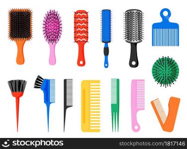 Comb. Hair brush. Various colored tools for barber and hairdresser. Round and flat hairbrush collection. Isolated professional plastic beauty salon equipment. Vector personal care accessories set. Comb. Hair brush. Various colored tools for barber and hairdresser. Round and flat hairbrush collection. Isolated professional beauty salon equipment. Vector personal accessories set