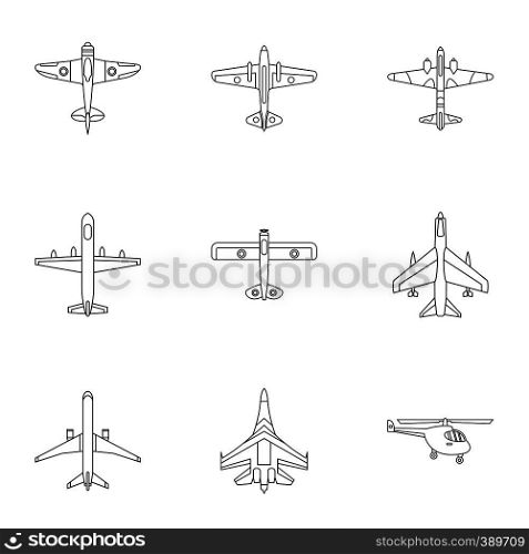 Combat aircraft icons set. Outline illustration of 9 combat aircraft vector icons for web. Combat aircraft icons set, outline style