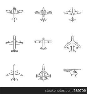 Combat aircraft icons set. Outline illustration of 9 combat aircraft vector icons for web. Combat aircraft icons set, outline style
