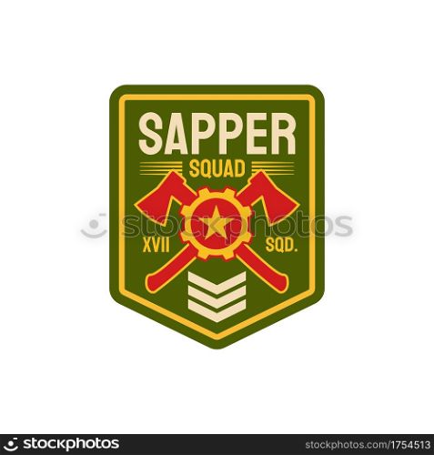 Combat engineers special division isolated chevron with crossed axes, rank and star. Vector pioneer combatant uniform patch, combatant military engineer demolition and bridge-building sapper badge. Military chevron of sappers combat engineers squad