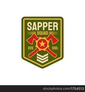 Combat engineers special division isolated chevron with crossed axes, rank and star. Vector pioneer combatant uniform patch, combatant military engineer demolition and bridge-building sapper badge. Military chevron of sappers combat engineers squad