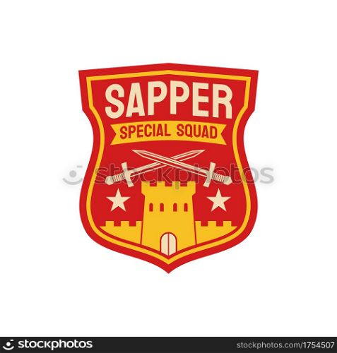Combat engineers special division of sapper squad isolated chevron with fortress castle and crossed swords. Vector uniform patch with breaching fortifications, pioneer combatant squadron squad. Sapper special squad chevron with fortress, swords