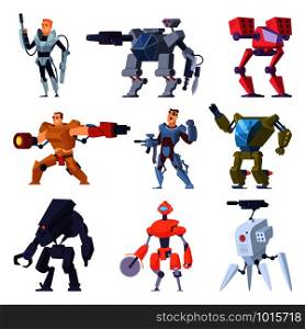 Combat robots. Armor transformers android protective electronic soldier future weapon vector characters. Illustration of robot machine, combat robotic technology. Combat robots. Armor transformers android protective electronic soldier future weapon vector characters