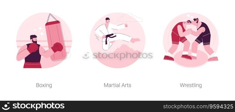 Combat sport abstract concept vector illustration set. Boxing, martial arts, wrestling training, boxer glove and ring, fight club, karate class, self-defense, professional fighter abstract metaphor.. Combat sport abstract concept vector illustrations.