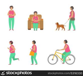 Combating Obesity Through Sports. Fat Woman Walking Dog, Bicycling, Jogging. Combating Obesity Through Sports. Fat Woman Walking Dog, Bicycling, Jogging - Illustration Vector
