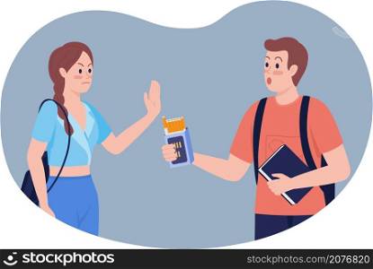 Combating peer pressure 2D vector isolated illustration. Teen smoking prevention. Schoolgirl refuses cigarettes from friend flat characters on cartoon background. Smoking refusal skill colourful scene. Combating peer pressure 2D vector isolated illustration