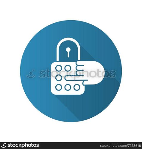 Combination lock blue flat design long shadow glyph icon. House security. Password, code, safe padlock. Home protection. Secured door entry, limited access. Vector silhouette illustration