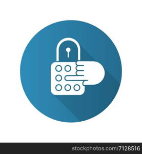 Combination lock blue flat design long shadow glyph icon. House security. Password, code, safe padlock. Home protection. Secured door entry, limited access. Vector silhouette illustration