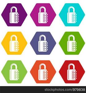 Combination lock icons 9 set coloful isolated on white for web. Combination lock icons set 9 vector