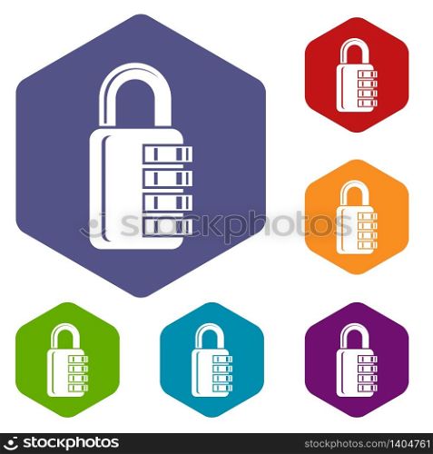 Combination lock icons vector colorful hexahedron set collection isolated on white. Combination lock icons vector hexahedron
