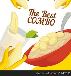 Combination of best dishes in menu. Combo of smoothie or milk with healthy oat porridge with slices of exotic fruit. Promotional banner or poster, cafe or restaurant discounts. Vector in flat style. Best combo in cafe or restaurant, special menu