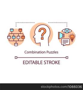 Combination puzzles concept icon. Strategy game solving algorithm idea thin line illustration. Different puzzle types synthesis. Problem solution. Vector isolated outline drawing. Editable stroke