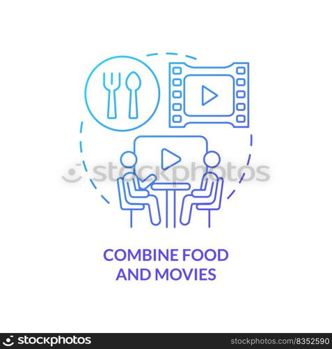 Combine food and movies blue gradient concept icon. Making restaurant trendy abstract idea thin line illustration. Dine-in movie theater. Isolated outline drawing. Myriad Pro-Bold font used. Combine food and movies blue gradient concept icon