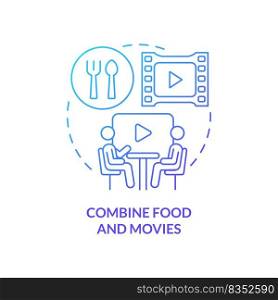 Combine food and movies blue gradient concept icon. Making restaurant trendy abstract idea thin line illustration. Dine-in movie theater. Isolated outline drawing. Myriad Pro-Bold font used. Combine food and movies blue gradient concept icon
