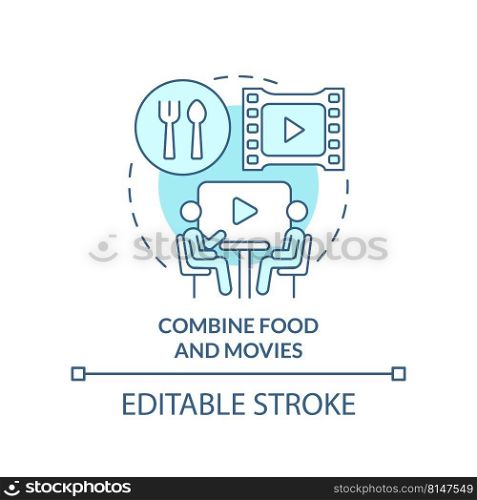 Combine food and movies turquoise concept icon. Making restaurant trendy abstract idea thin line illustration. Isolated outline drawing. Editable stroke. Arial, Myriad Pro-Bold fonts used. Combine food and movies turquoise concept icon