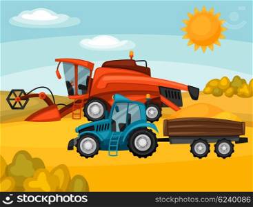Combine harvester and tractor on wheat field. Agricultural illustration farm rural landscape. Combine harvester and tractor on wheat field. Agricultural illustration farm rural landscape.