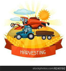Combine harvester and tractor on wheat field. Agricultural illustration farm rural landscape. Combine harvester and tractor on wheat field. Agricultural illustration farm rural landscape.