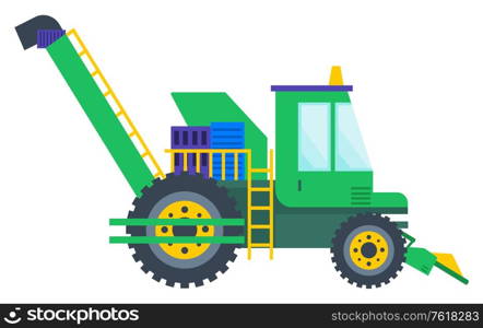 Combine harvester, side view of green tractor, agricultural machine. Farming and crop equipment, harvesting sign, produce food, country object vector. Agricultural Machine, Tractor or Combine Vector