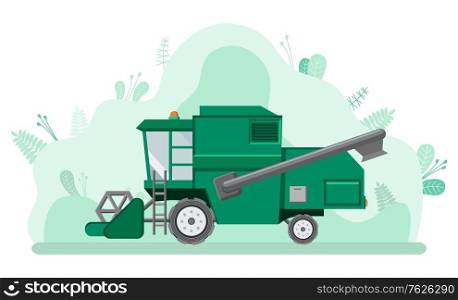 Combine harvesting vehicle, agricultural machine, country equipment with wheels. Farming car, side view of green tractor, attraction capital vector. Flat cartoon. Farming Car, Harvesting Combine, Machine Vector