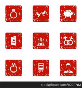 Combine love icons set. Grunge set of 9 combine love vector icons for web isolated on white background. Combine love icons set, grunge style