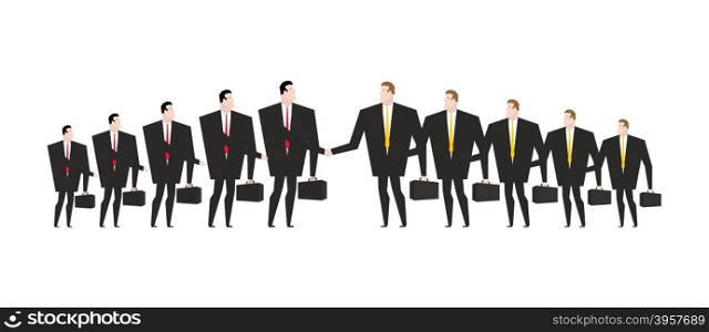 Combining corporations. Business deal. Merger. Managers shaking hands. Handshake office workers. Agreement between directors Man in business suit and briefcase&#xA;