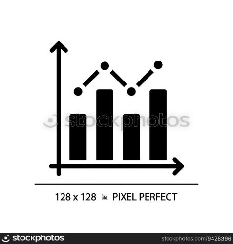 Combo chart black glyph icon. Sales performance. Economic report. Project progress. Survey analysis. Data analytics. Silhouette symbol on white space. Solid pictogram. Vector isolated illustration. Combo chart black glyph icon