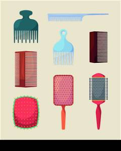 Combs. Professional items for beauty salon or barbershop woman objects for hair shapes garish vector combs in flat style. Illustration of comb hair, brush tool accessory. Combs. Professional items for beauty salon or barbershop woman objects for hair shapes garish vector combs in flat style