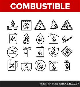 Combustible Products Collection Icons Set Vector Thin Line. Burning Gaz From Pipe, Flame On Mark And Shield, Warning Combustible Things Concept Linear Pictograms. Monochrome Contour Illustrations. Combustible Products Collection Icons Set Vector