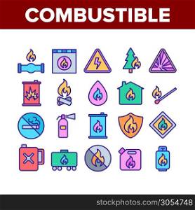 Combustible Products Collection Icons Set Vector Thin Line. Burning Gaz From Pipe, Flame On Mark And Shield, Warning Combustible Things Concept Linear Pictograms. Color Contour Illustrations. Combustible Products Collection Icons Set Vector