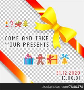 Come and take your presents, caption on picture. Gift wrap with orange ribbon and yellow bow. Packing box with present for celebration, party or christmas, birthday. Vector illustration in flat style. Come and Take Your Presents, Wrap Gifts in Boxes