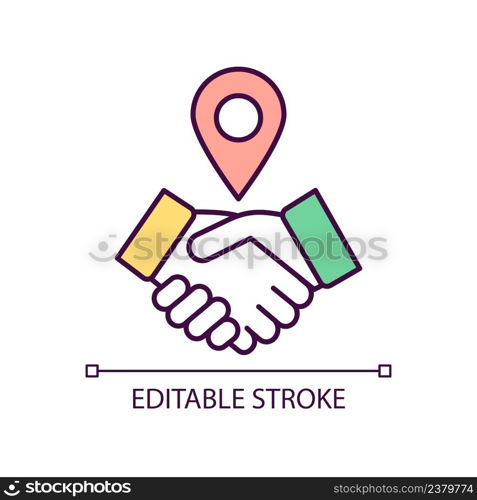 Come to agreement RGB color icon. Hand shake. Greetings and acquaintance gesture. Make deal. Isolated vector illustration. Simple filled line drawing. Editable stroke. Arial font used. Come to agreement RGB color icon