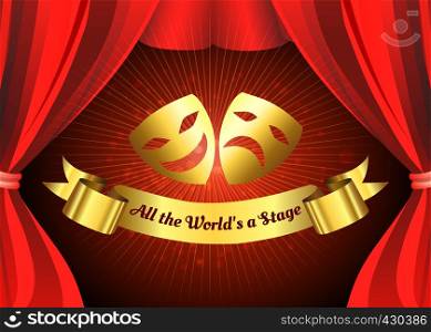 Comedy and tragedy golden masks on theatre stage background with Red Curtain. Vector illustration