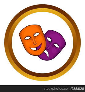 Comedy and tragedy theatrical masks vector icon in golden circle, cartoon style isolated on white background. Comedy and tragedy theatrical masks vector icon