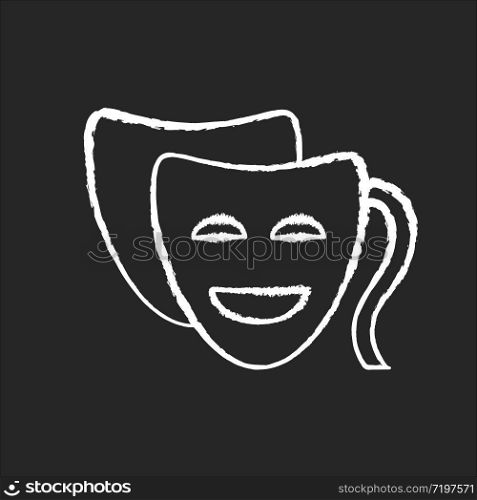 Comedy chalk white icon on black background. Funny movie, humorous film, classic theater. Popular filmmaking genre, entertaining cinematography. Comedy mask isolated vector chalkboard illustration