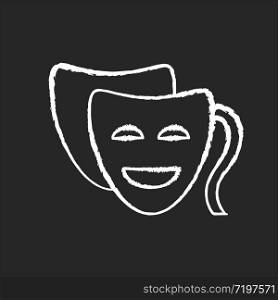 Comedy chalk white icon on black background. Funny movie, humorous film, classic theater. Popular filmmaking genre, entertaining cinematography. Comedy mask isolated vector chalkboard illustration