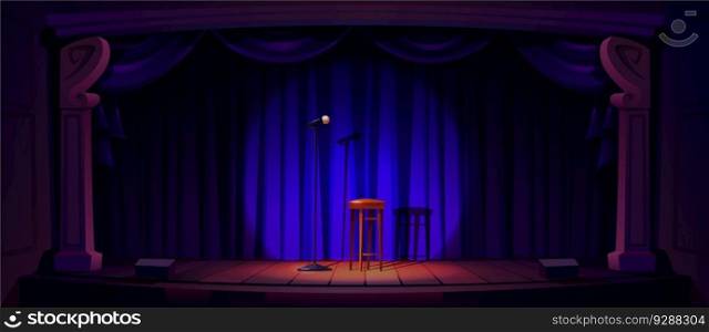 Comedy show stage with curtain vector background. Spotlight on concert scene for standup with microphone concept. Night open comedian talent speech entertainment illustration in theater with stool. Comedy show stage with curtain vector background