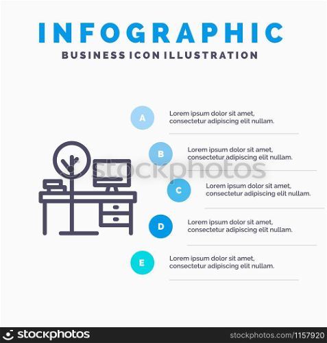 Comfort, Desk, Office, Place, Table Line icon with 5 steps presentation infographics Background