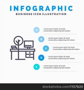 Comfort, Desk, Office, Place, Table Line icon with 5 steps presentation infographics Background