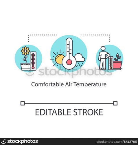 Comfortable air temperature concept icon. Indoor gardening. Houseplant care. Plant growing conditions idea thin line illustration. Vector isolated outline RGB color drawing. Editable stroke