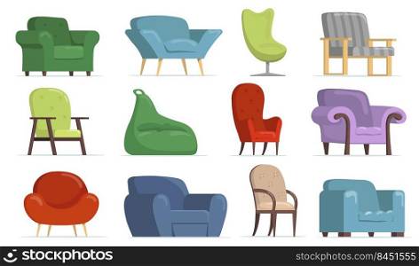 Comfortable armchairs flat set for web design. Cartoon classic and modern chairs, soft poufs isolated vector illustration collection. Furniture and apartment interior concept