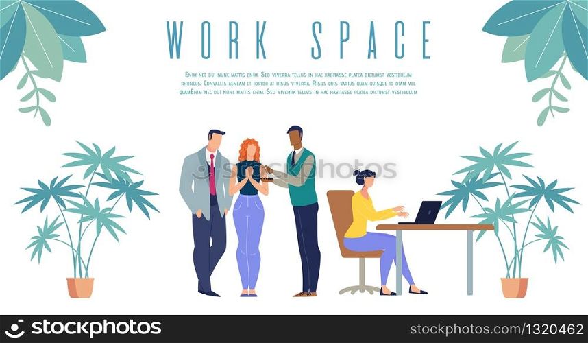 Comfortable Business Work Space, Modern Company Office Flat Vector Banner, Poster Template with Company Multinational Employees Team Working Together in Office, Boss Talking with Workers Illustration