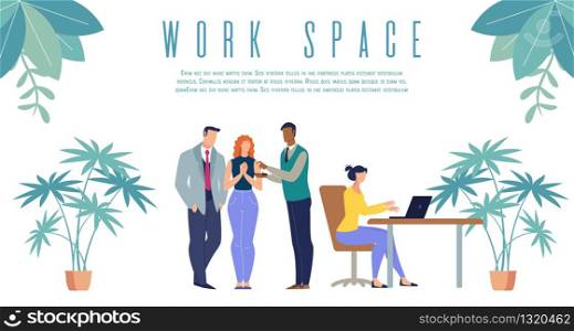 Comfortable Business Work Space, Modern Company Office Flat Vector Banner, Poster Template with Company Multinational Employees Team Working Together in Office, Boss Talking with Workers Illustration