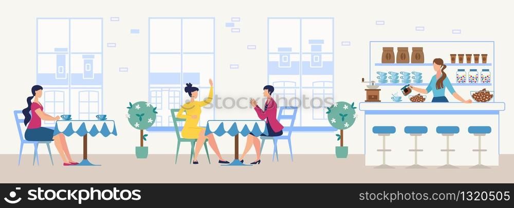 Comfortable Cafeteria, Bakery with Tea Bar of Coffee Shop Flat Vector Interior Clients Talking and Drinking Tea at Table, Female Bartender Standing at Bar Desk, Pouring Coffee in Cup Illustration