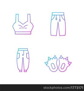 Comfortable clothes for home gradient linear vector icons set. Bra top. Sweatpants for women and men. Comfy joggers. Thin line contour symbols bundle. Isolated vector outline illustrations collection. Comfortable clothes for home gradient linear vector icons set