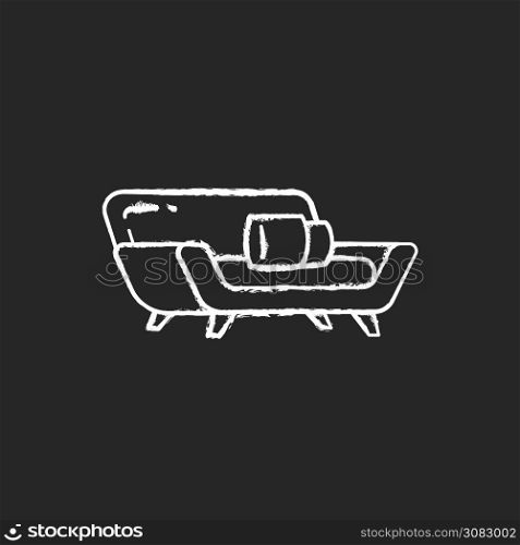 Comfortable couch chalk white icon on black background. Contemporary living room furniture. Modern seating. Relaxing with comfort. Resting on sofa. Isolated vector chalkboard illustration. Comfortable couch chalk white icon on black background