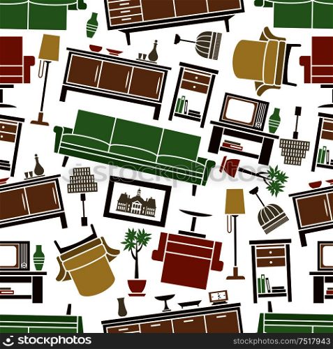Comfortable couches, armchairs and chests of drawers seamless pattern background for interior design, supplemented by vintage floor lamps and chandeliers, books and vases, tv sets, clocks and houseplants in ceramic pots. Cozy furnishing seamless pattern background